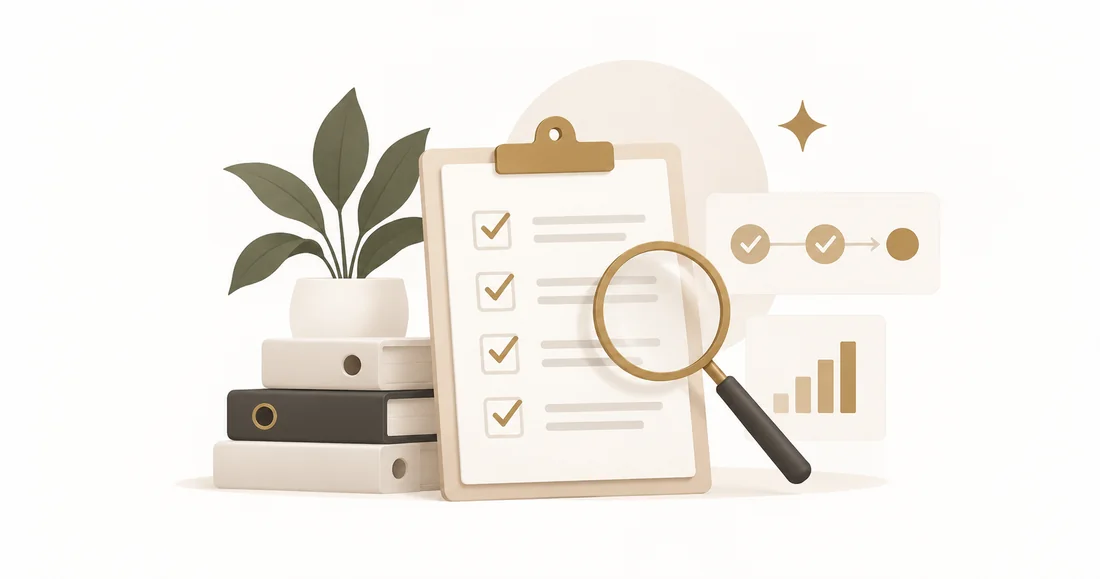 HR Operations Review Minimal illustration of a clipboard checklist with a magnifying glass, representing an HR Operations Review.